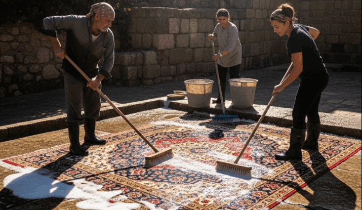 Profesyonel halı yıkama ile evcil hayvan lekelerinin nasıl çıkarılacağını gösteren görsel